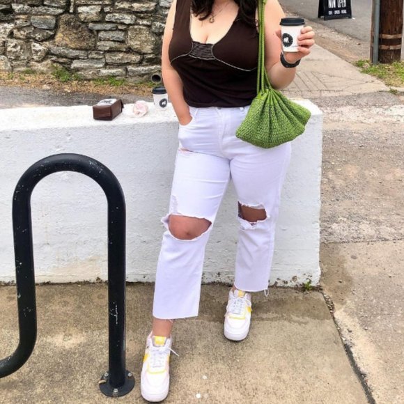 wild fable Pants - White Cream Jean Button Up Wild Fable Ripped Holy Jeans Pants